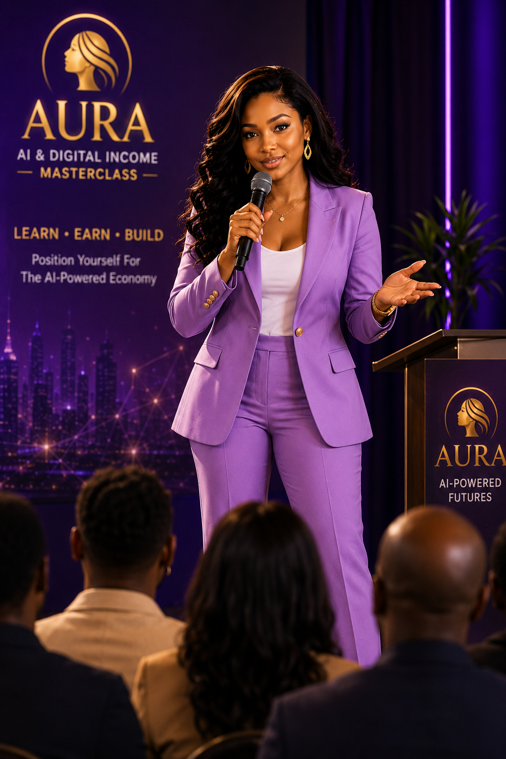 AURA speaking on stage